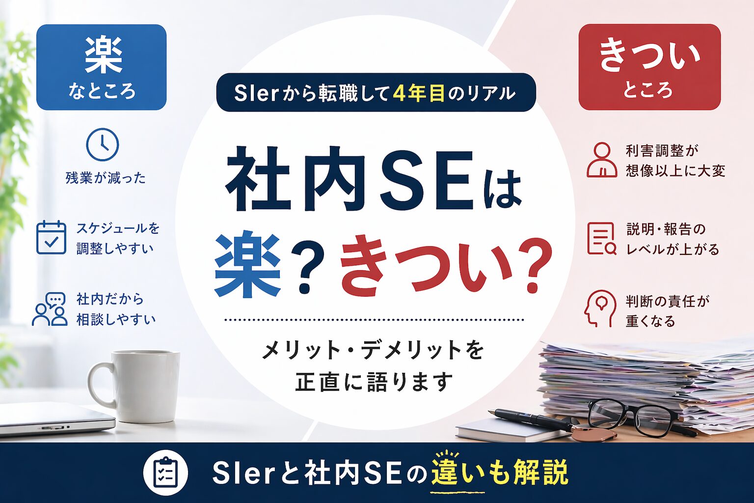 社内SEは楽かきついかを比較した図解。SIerから転職した実体験をもとに、働き方や調整業務の違いを分かりやすく解説