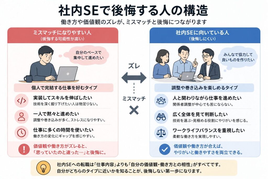 社内SEで後悔する人と向いている人の違いを示した図。個人作業志向と調整志向のミスマッチを解説