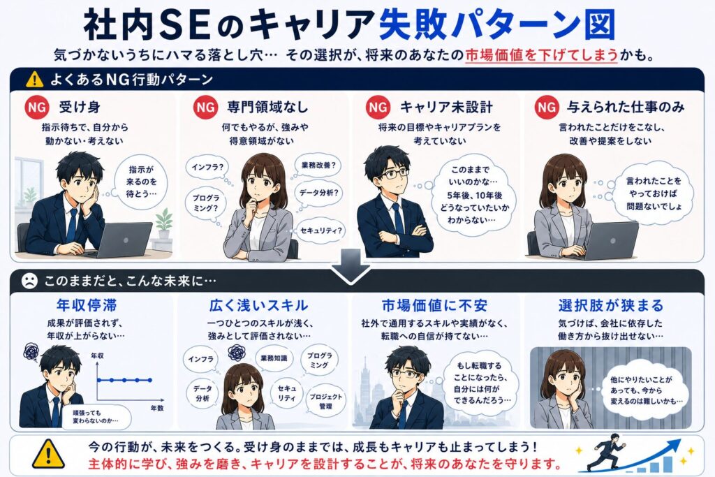 社内SEのキャリア失敗パターンをまとめた図解。受け身、専門領域なし、キャリア未設計、与えられた仕事のみといったNG行動が、年収停滞や市場価値不安につながる様子をイラスト付きで解説した画像