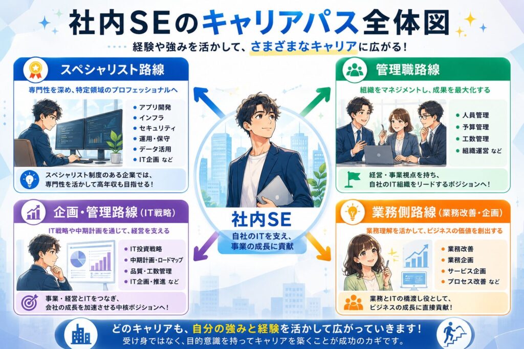社内SEのキャリアパス全体図をまとめた図解。スペシャリスト、管理職、IT企画・戦略、業務改善・企画など、社内SEから広がるキャリアの方向性をイラスト付きで解説した画像