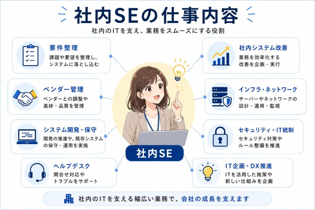 社内SEの仕事内容を図解したイラスト。要件整理、ベンダー管理、システム改善、インフラ運用、セキュリティ、IT企画など幅広い業務をわかりやすくまとめた図