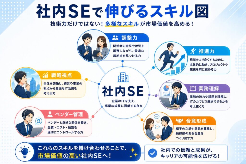 社内SEで伸びるスキルをまとめた図解。調整力、推進力、業務理解、合意形成、ベンダー管理、戦略視点など、社内SEの市場価値につながるスキルをイラスト付きで解説した画像