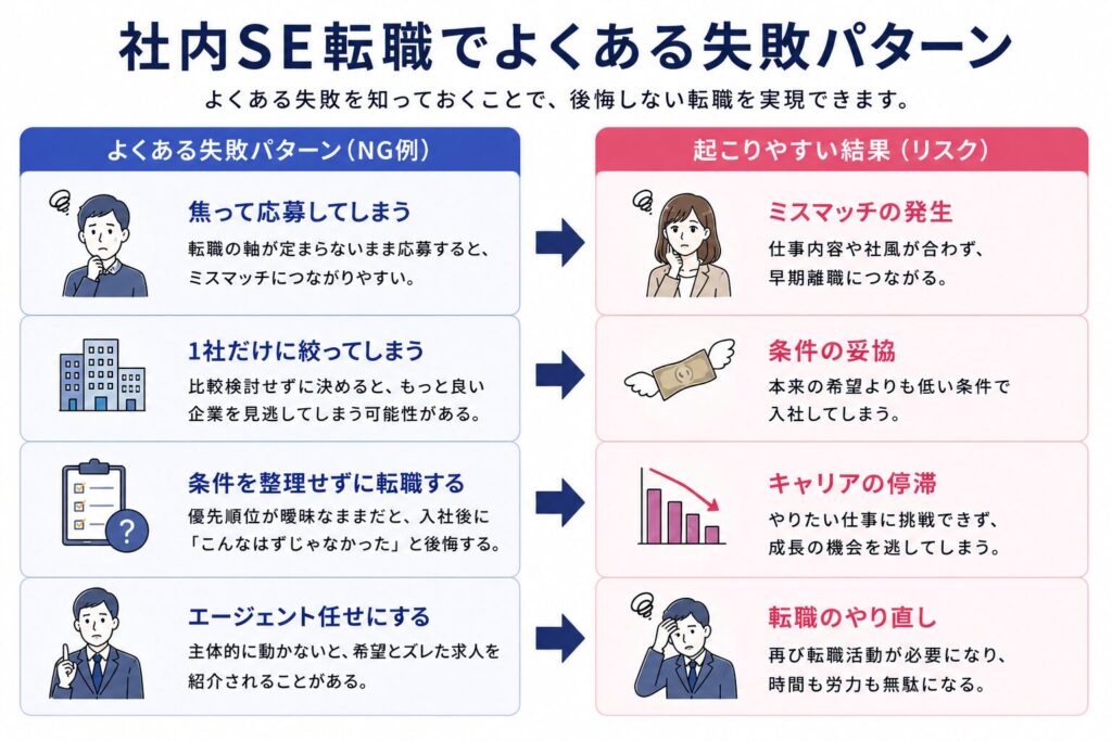 社内SE転職でよくある失敗パターンを整理した図解。焦って応募する、1社だけに絞る、条件整理不足、エージェント任せなどのNG例と、ミスマッチやキャリア停滞などのリスクをまとめた画像