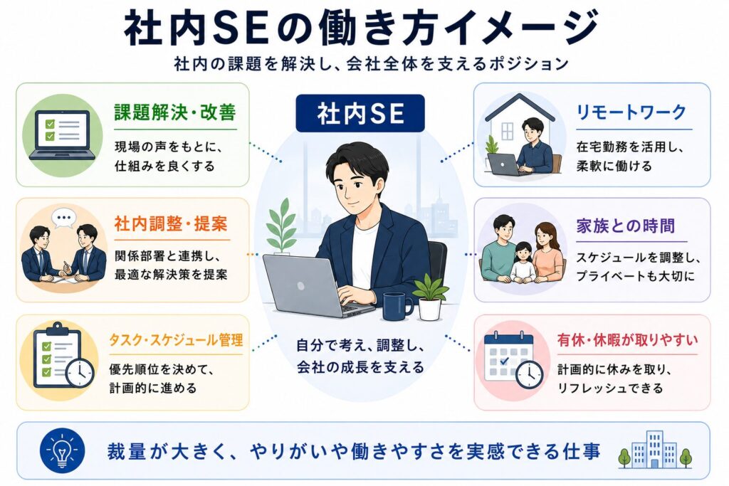 社内SEの働き方イメージをまとめた図解。課題解決、社内調整、タスク管理、リモートワーク、家族時間、有休取得など、社内SEの柔軟な働き方を視覚的に説明した画像