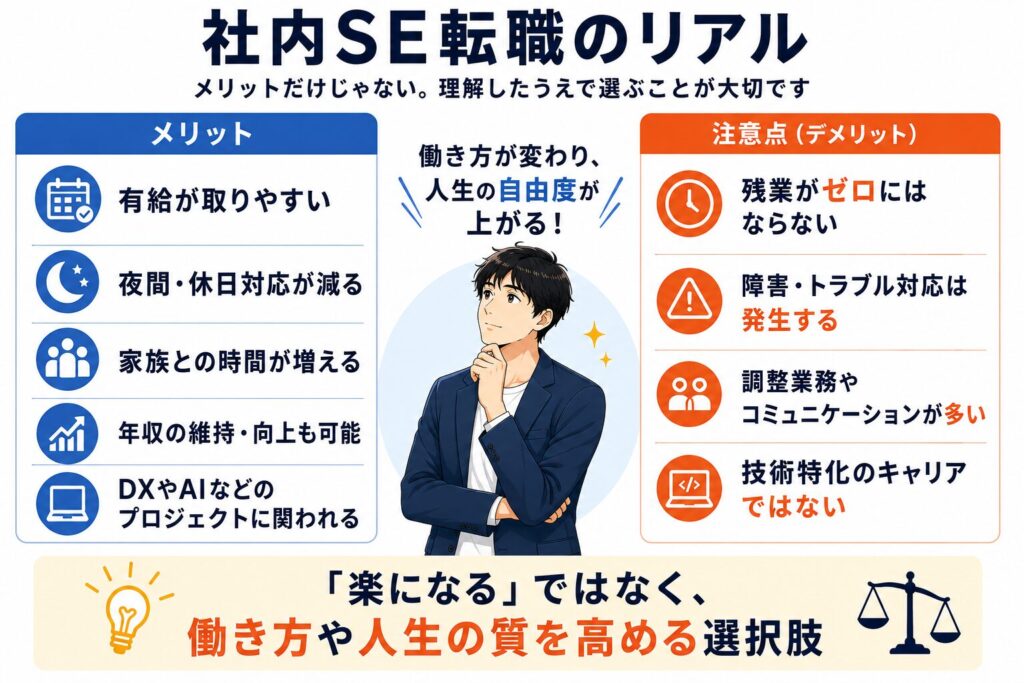 社内SE転職のメリットと注意点を比較し、働き方や人生の質の変化を解説した図解
